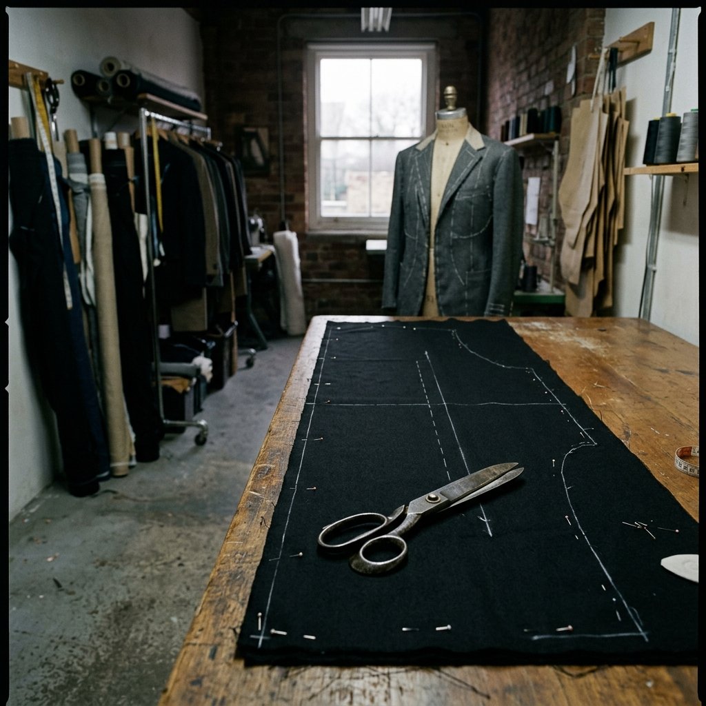 Inside an atelier — fabric being cut on a long table, architectural workshop light