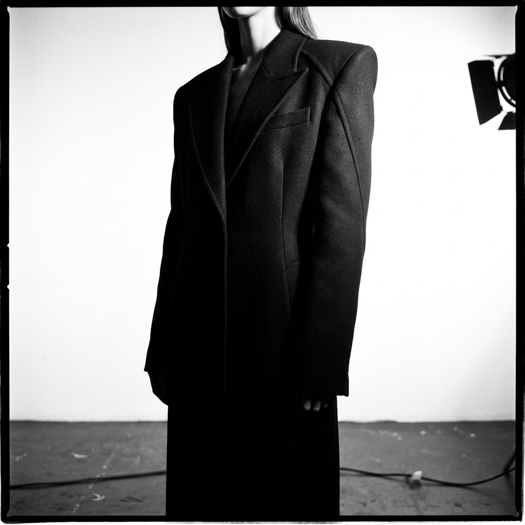High-contrast editorial fashion image — garment detail, architectural framing