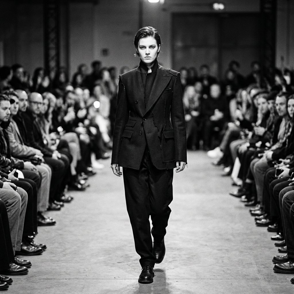 High-contrast black and white runway photograph, architectural silhouette, sharp editorial framing